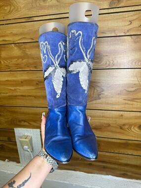Vintage 80’s Phyllis Poland Women’s Blue High Western Boots Embroidered Sz 5.5